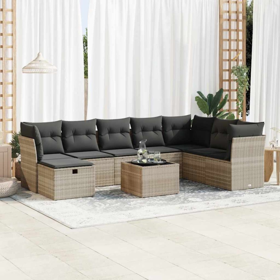 Set muebles jardín 9 pzas y cojines ratán sintético gris